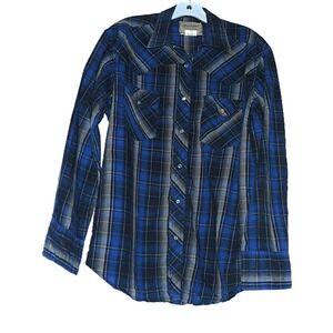 Wrangler blue plaid button down‎ shirt size large, western style pearl snaps
